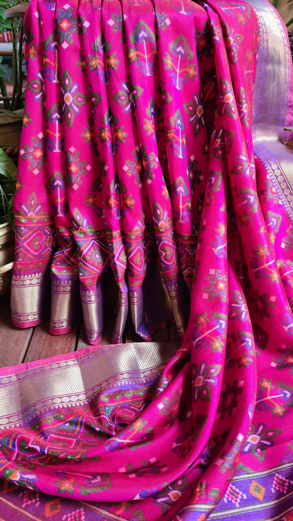 Zynah Pink Color Soft Silk Ikkat Printed Saree with woven zari borders; Custom Stitched/Ready-made Blouse, Fall, Petticoat; Shipping available USA, Worldwide