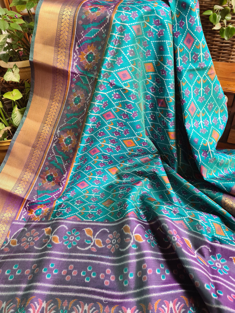 Zynah Turquoise Color Soft Silk Ikkat Printed Saree with woven zari borders; Custom Stitched/Ready-made Blouse, Fall, Petticoat; Shipping available USA, Worldwide