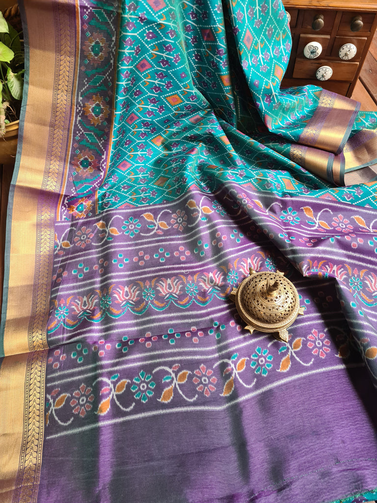 Zynah Turquoise Color Soft Silk Ikkat Printed Saree with woven zari borders; Custom Stitched/Ready-made Blouse, Fall, Petticoat; Shipping available USA, Worldwide