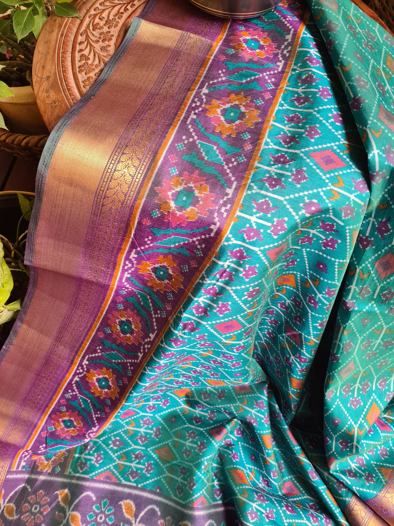 Zynah Turquoise Color Soft Silk Ikkat Printed Saree with woven zari borders; Custom Stitched/Ready-made Blouse, Fall, Petticoat; Shipping available USA, Worldwide