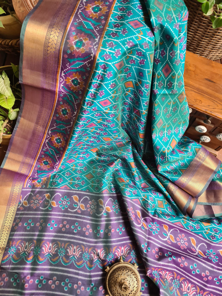 Zynah Turquoise Color Soft Silk Ikkat Printed Saree with woven zari borders; Custom Stitched/Ready-made Blouse, Fall, Petticoat; Shipping available USA, Worldwide