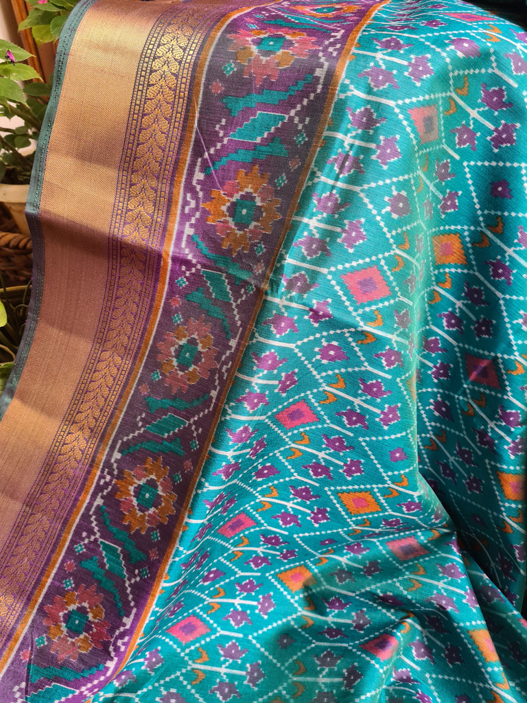 Zynah Turquoise Color Soft Silk Ikkat Printed Saree with woven zari borders; Custom Stitched/Ready-made Blouse, Fall, Petticoat; Shipping available USA, Worldwide