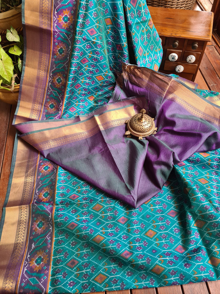Zynah Turquoise Color Soft Silk Ikkat Printed Saree with woven zari borders; Custom Stitched/Ready-made Blouse, Fall, Petticoat; Shipping available USA, Worldwide