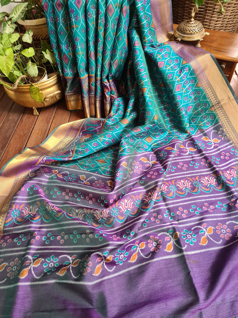 Zynah Turquoise Color Soft Silk Ikkat Printed Saree with woven zari borders; Custom Stitched/Ready-made Blouse, Fall, Petticoat; Shipping available USA, Worldwide