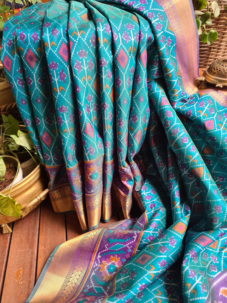 Zynah Turquoise Color Soft Silk Ikkat Printed Saree with woven zari borders; Custom Stitched/Ready-made Blouse, Fall, Petticoat; Shipping available USA, Worldwide