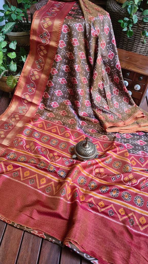 Zynah Golden Olive Color Soft Silk Ikkat Printed Saree with woven zari borders; Custom Stitched/Ready-made Blouse, Fall, Petticoat; Shipping available USA, Worldwide