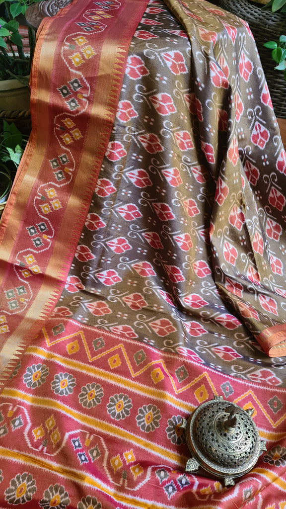 Zynah Golden Olive Color Soft Silk Ikkat Printed Saree with woven zari borders; Custom Stitched/Ready-made Blouse, Fall, Petticoat; Shipping available USA, Worldwide