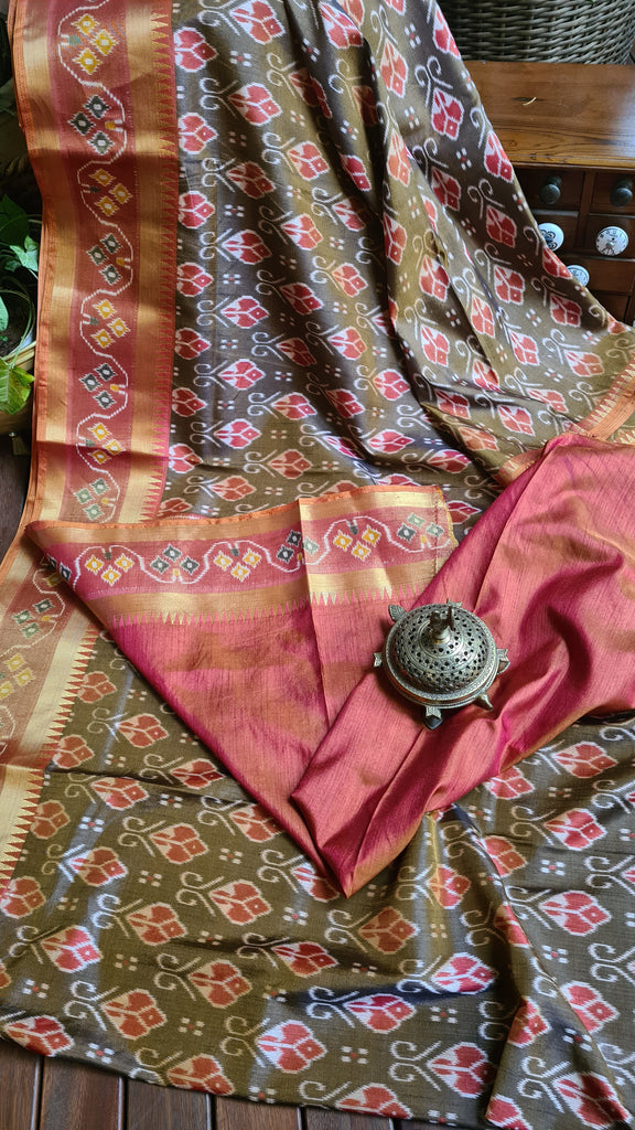 Zynah Golden Olive Color Soft Silk Ikkat Printed Saree with woven zari borders; Custom Stitched/Ready-made Blouse, Fall, Petticoat; Shipping available USA, Worldwide