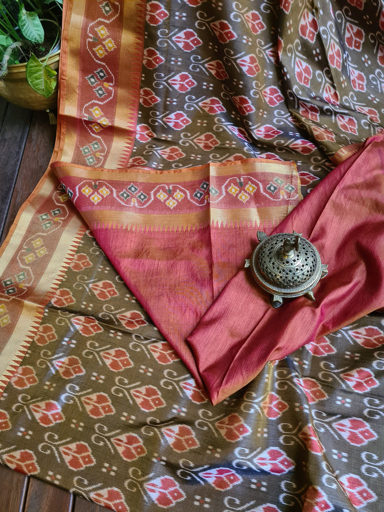 Zynah Golden Olive Color Soft Silk Ikkat Printed Saree with woven zari borders; Custom Stitched/Ready-made Blouse, Fall, Petticoat; Shipping available USA, Worldwide
