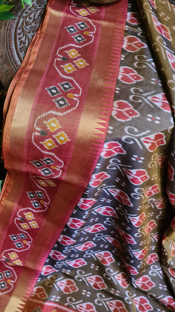 Zynah Golden Olive Color Soft Silk Ikkat Printed Saree with woven zari borders; Custom Stitched/Ready-made Blouse, Fall, Petticoat; Shipping available USA, Worldwide