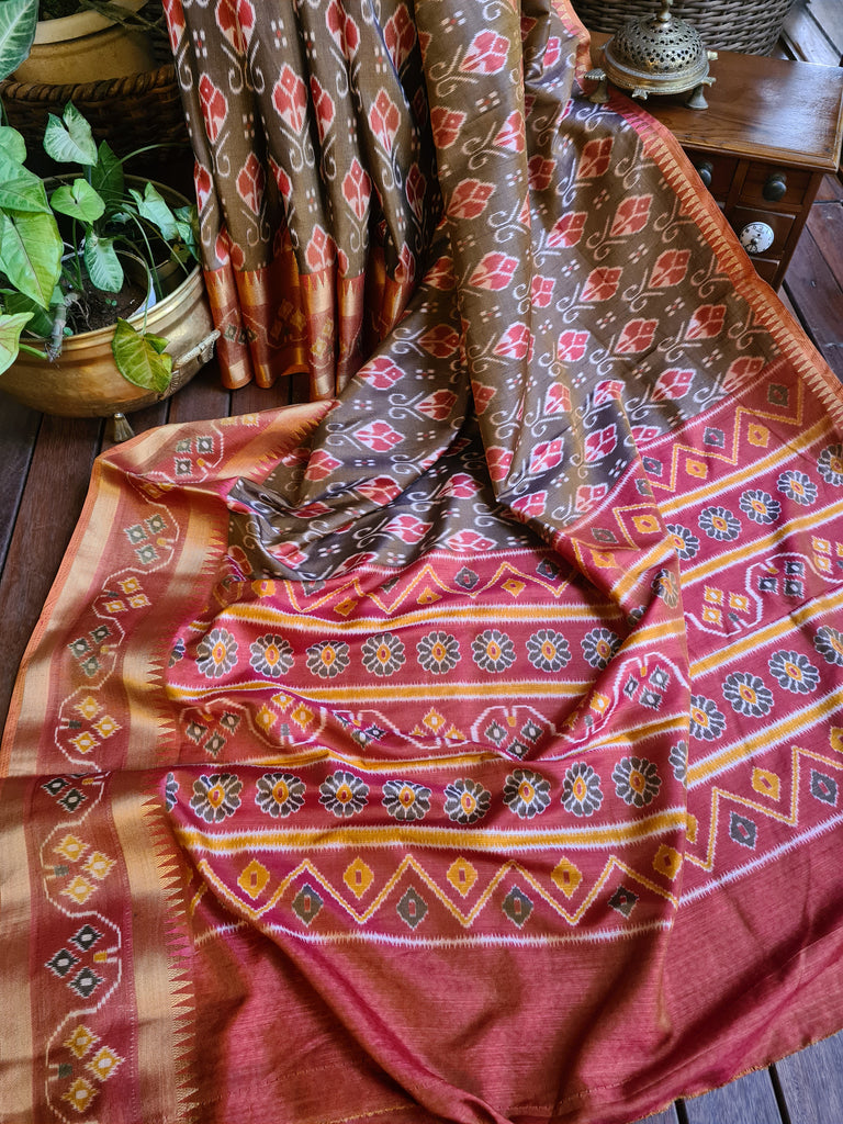 Zynah Golden Olive Color Soft Silk Ikkat Printed Saree with woven zari borders; Custom Stitched/Ready-made Blouse, Fall, Petticoat; Shipping available USA, Worldwide