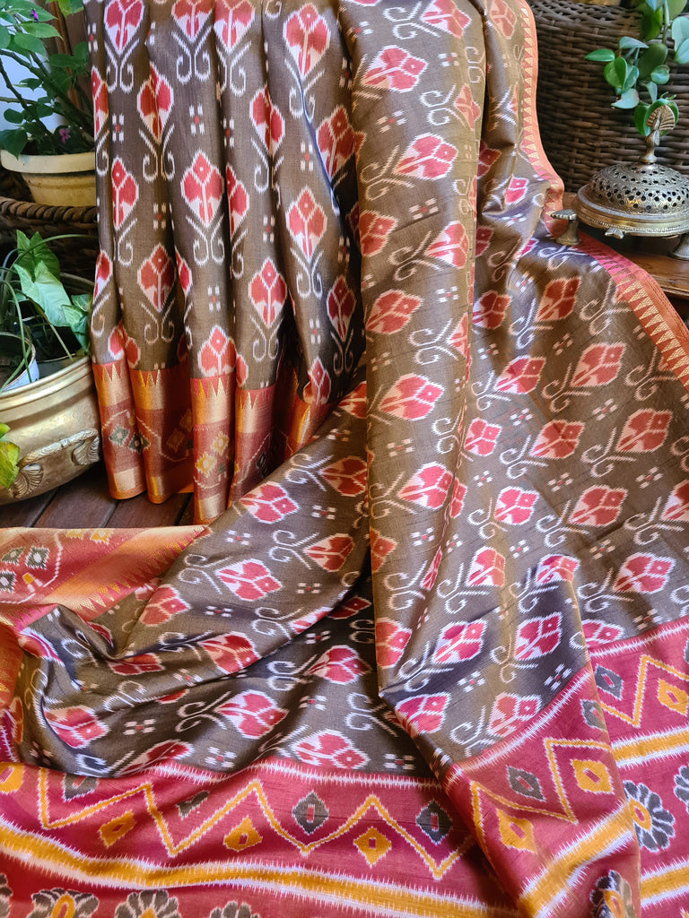 Zynah Golden Olive Color Soft Silk Ikkat Printed Saree with woven zari borders; Custom Stitched/Ready-made Blouse, Fall, Petticoat; Shipping available USA, Worldwide