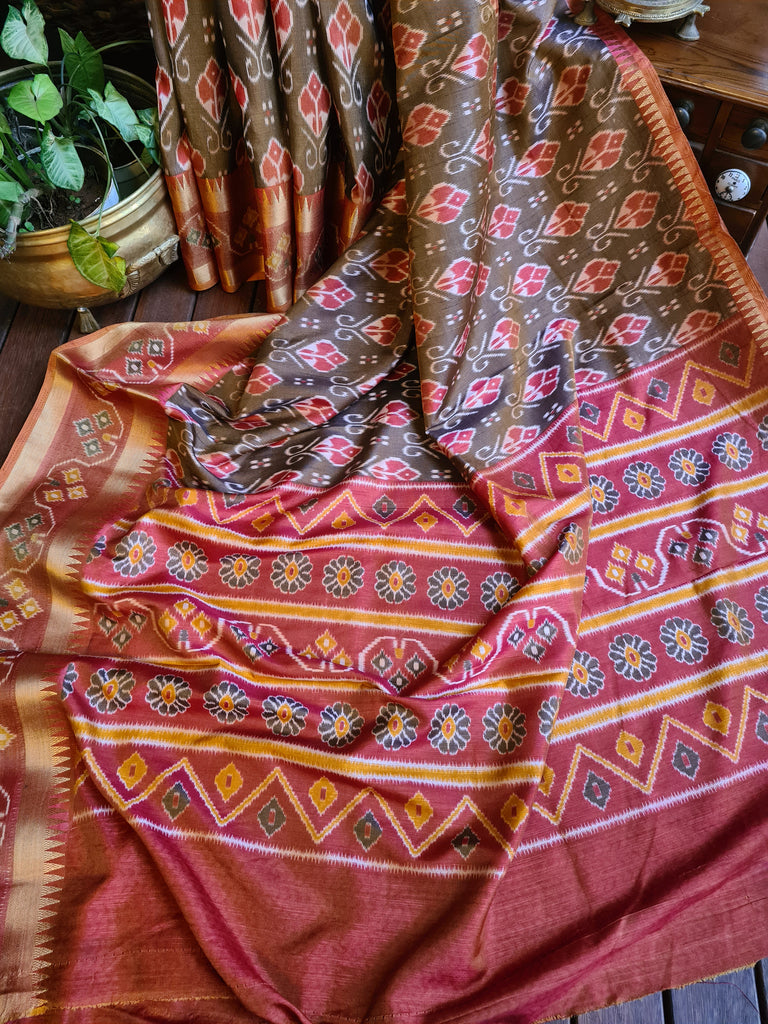 Zynah Golden Olive Color Soft Silk Ikkat Printed Saree with woven zari borders; Custom Stitched/Ready-made Blouse, Fall, Petticoat; Shipping available USA, Worldwide