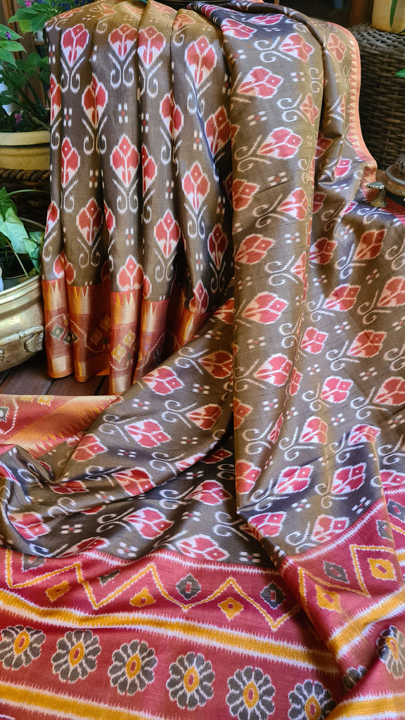Zynah Golden Olive Color Soft Silk Ikkat Printed Saree with woven zari borders; Custom Stitched/Ready-made Blouse, Fall, Petticoat; Shipping available USA, Worldwide