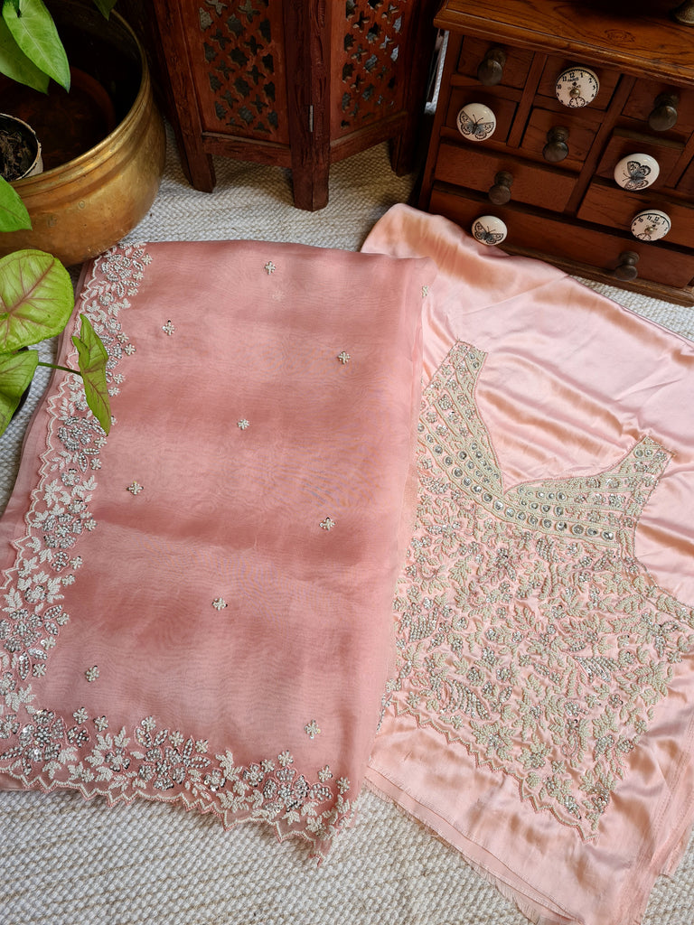 Zynah Peach Color Pure Organza Silk Saree with Sequence, Pearls & Cut-dana Work; Custom Stitched/Ready-made Blouse, Fall, Petticoat; Shipping available USA, Worldwide