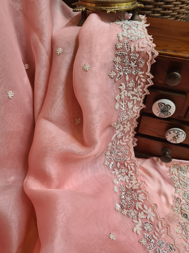 Zynah Peach Color Pure Organza Silk Saree with Sequence, Pearls & Cut-dana Work; Custom Stitched/Ready-made Blouse, Fall, Petticoat; Shipping available USA, Worldwide