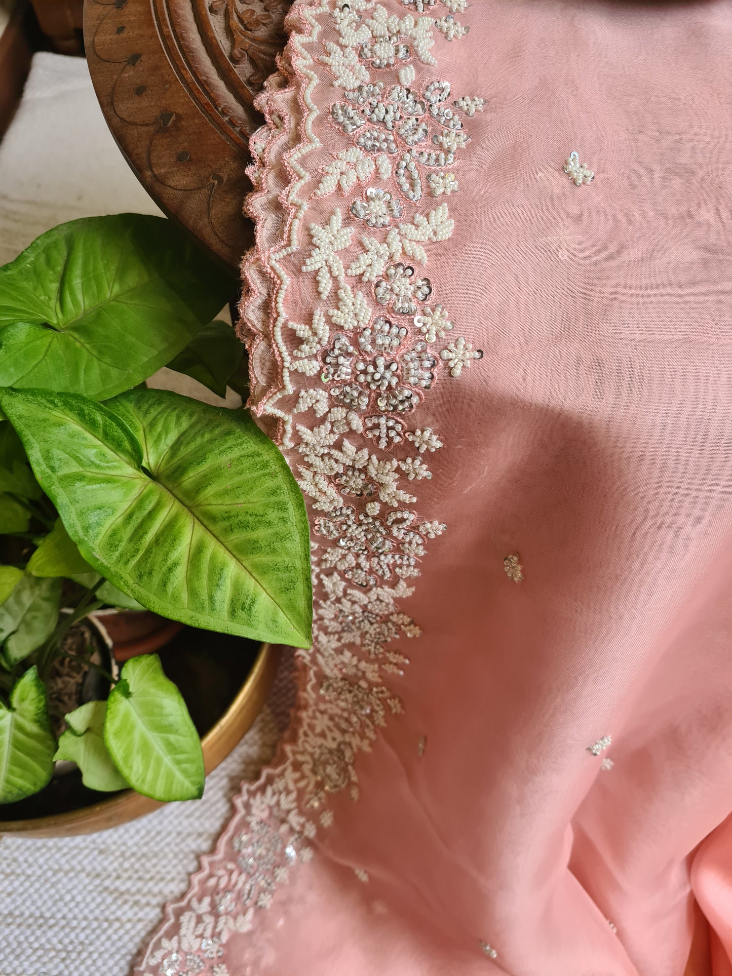 Zynah Peach Color Pure Organza Silk Saree with Sequence, Pearls & Cut-dana Work; Custom Stitched/Ready-made Blouse, Fall, Petticoat; Shipping available USA, Worldwide