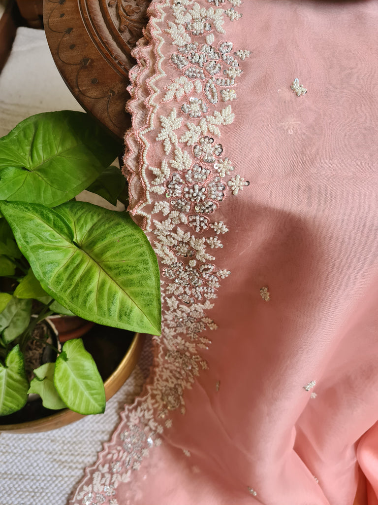 Zynah Peach Color Pure Organza Silk Saree with Sequence, Pearls & Cut-dana Work; Custom Stitched/Ready-made Blouse, Fall, Petticoat; Shipping available USA, Worldwide