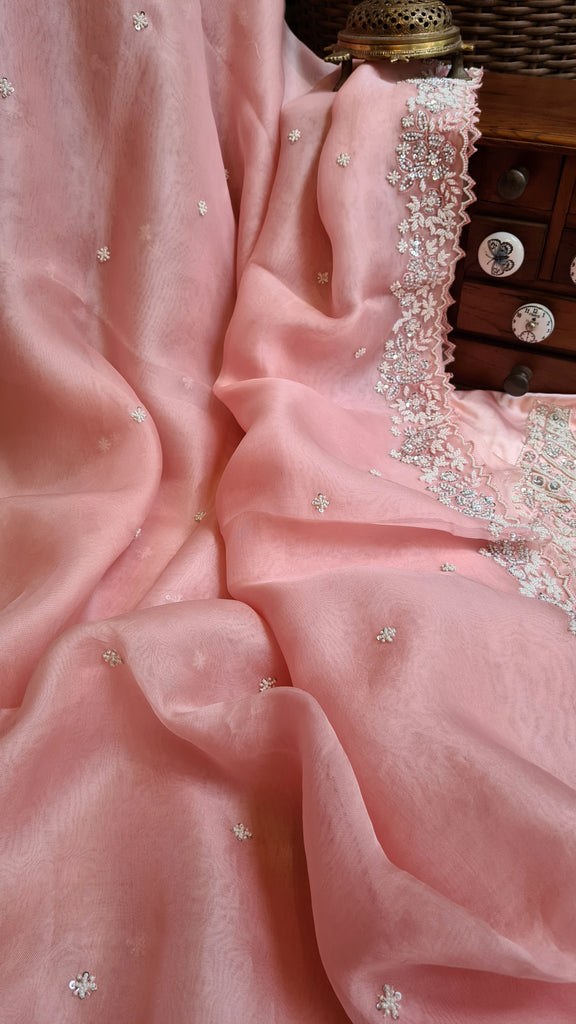 Zynah Peach Color Pure Organza Silk Saree with Sequence, Pearls & Cut-dana Work; Custom Stitched/Ready-made Blouse, Fall, Petticoat; Shipping available USA, Worldwide