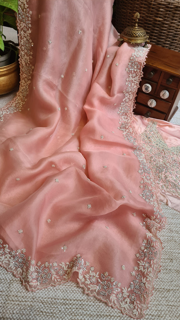 Zynah Peach Color Pure Organza Silk Saree with Sequence, Pearls & Cut-dana Work; Custom Stitched/Ready-made Blouse, Fall, Petticoat; Shipping available USA, Worldwide