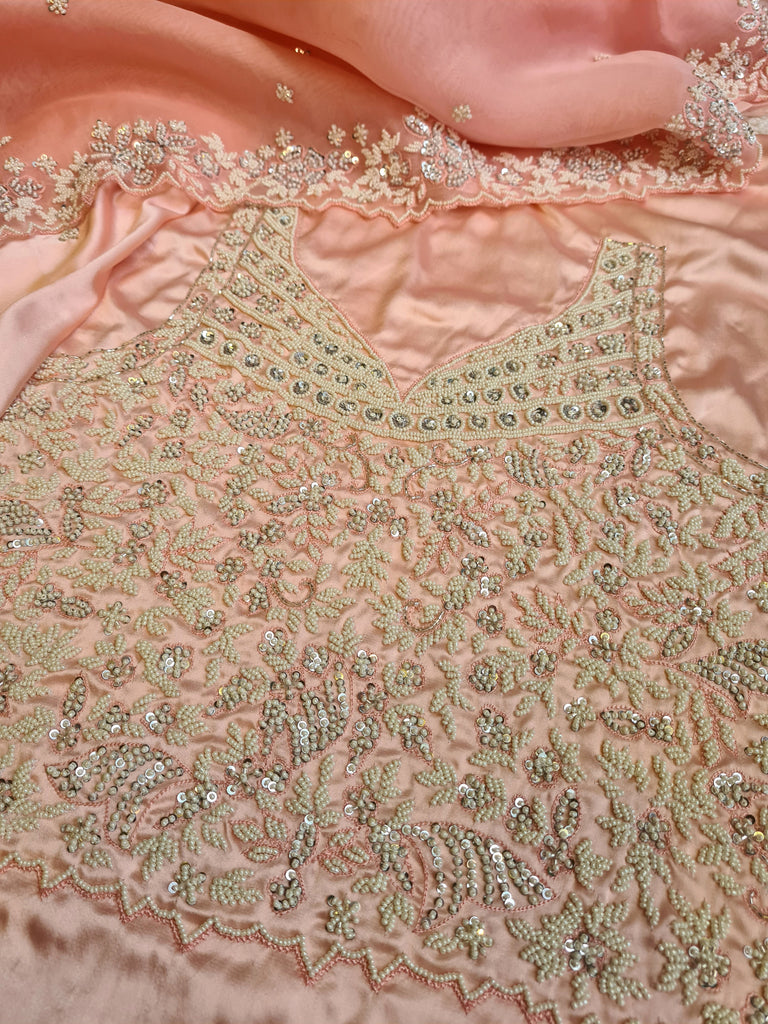 Zynah Peach Color Pure Organza Silk Saree with Sequence, Pearls & Cut-dana Work; Custom Stitched/Ready-made Blouse, Fall, Petticoat; Shipping available USA, Worldwide