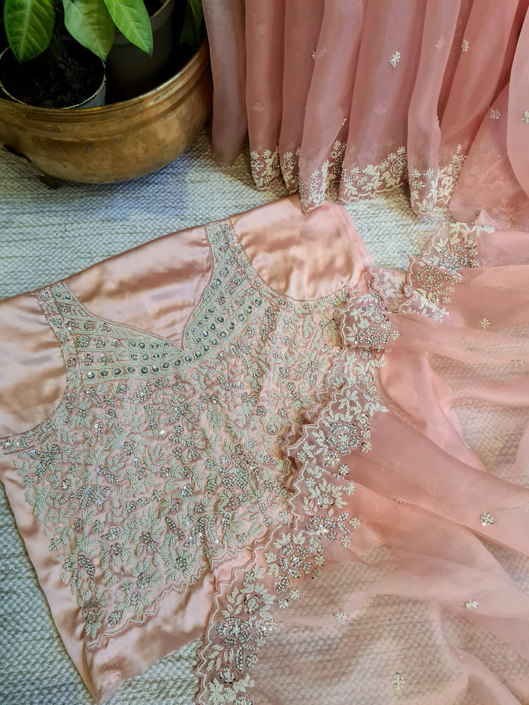 Zynah Peach Color Pure Organza Silk Saree with Sequence, Pearls & Cut-dana Work; Custom Stitched/Ready-made Blouse, Fall, Petticoat; Shipping available USA, Worldwide