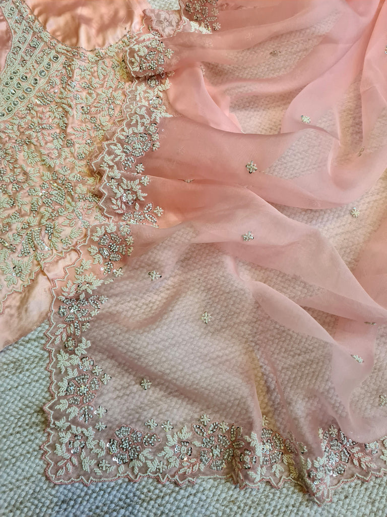 Zynah Peach Color Pure Organza Silk Saree with Sequence, Pearls & Cut-dana Work; Custom Stitched/Ready-made Blouse, Fall, Petticoat; Shipping available USA, Worldwide