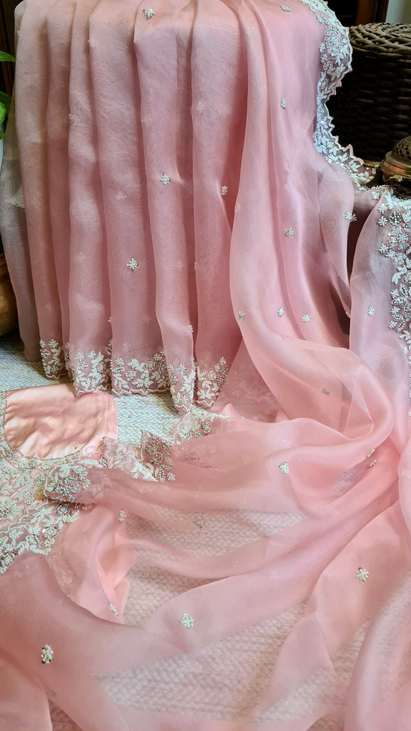 Zynah Peach Color Pure Organza Silk Saree with Sequence, Pearls & Cut-dana Work; Custom Stitched/Ready-made Blouse, Fall, Petticoat; Shipping available USA, Worldwide