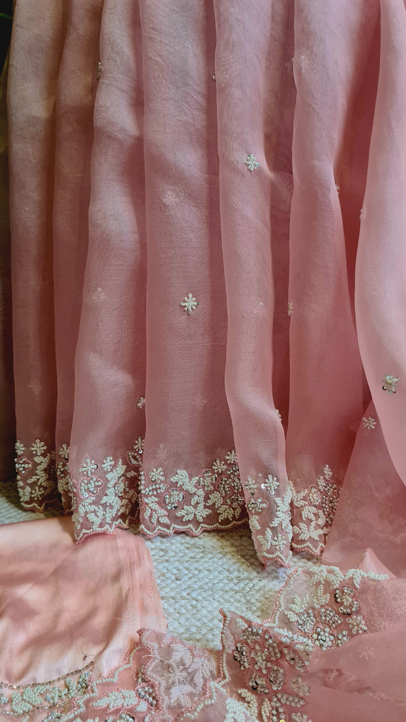 Zynah Peach Color Pure Organza Silk Saree with Sequence, Pearls & Cut-dana Work; Custom Stitched/Ready-made Blouse, Fall, Petticoat; Shipping available USA, Worldwide
