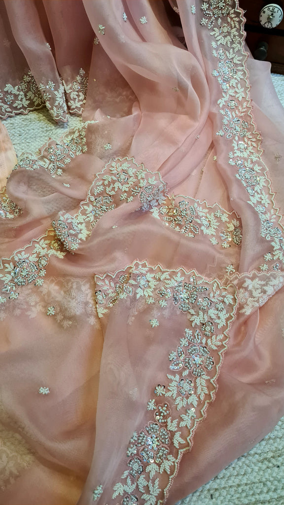 Zynah Peach Color Pure Organza Silk Saree with Sequence, Pearls & Cut-dana Work; Custom Stitched/Ready-made Blouse, Fall, Petticoat; Shipping available USA, Worldwide