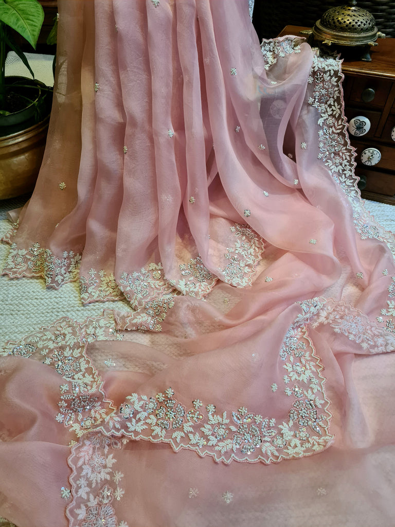 Zynah Peach Color Pure Organza Silk Saree with Sequence, Pearls & Cut-dana Work; Custom Stitched/Ready-made Blouse, Fall, Petticoat; Shipping available USA, Worldwide