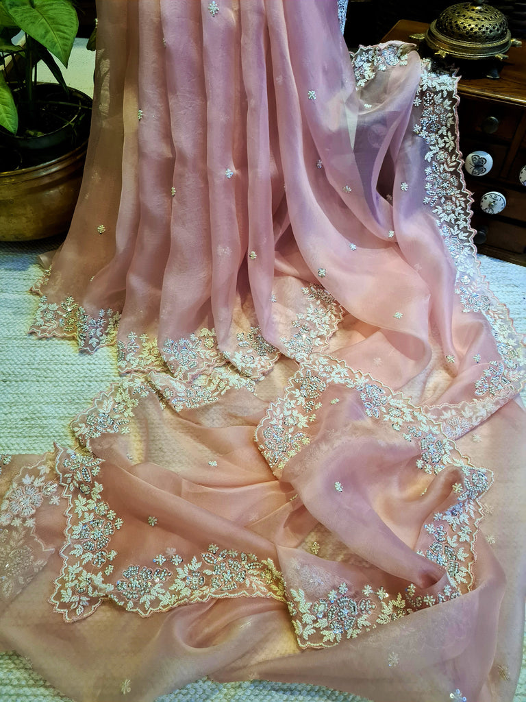 Zynah Peach Color Pure Organza Silk Saree with Sequence, Pearls & Cut-dana Work; Custom Stitched/Ready-made Blouse, Fall, Petticoat; Shipping available USA, Worldwide
