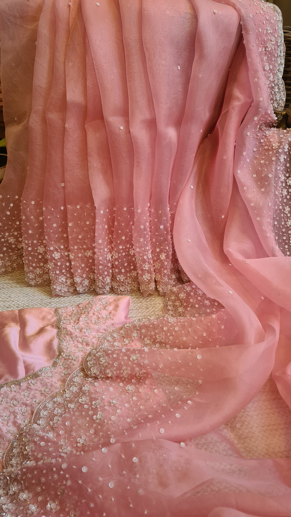 Zynah Baby Pink colored Pure Organza Silk Saree with Sequin, Pearl beads and Cut-dana Handwork; Custom Stitched/Ready-made Blouse, Fall, Petticoat; Shipping available USA, Worldwide