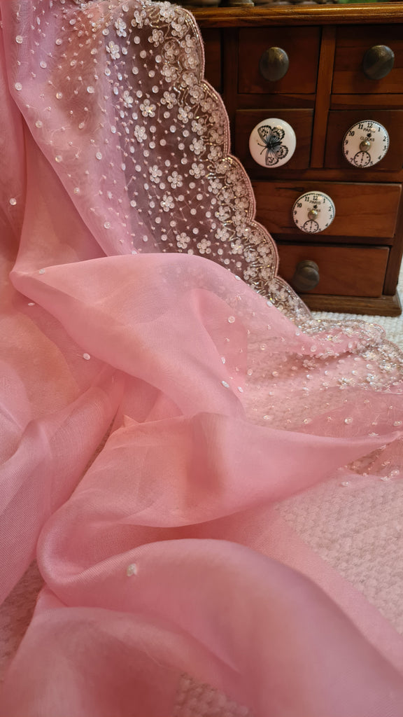 Zynah Baby Pink colored Pure Organza Silk Saree with Sequin, Pearl beads and Cut-dana Handwork; Custom Stitched/Ready-made Blouse, Fall, Petticoat; Shipping available USA, Worldwide