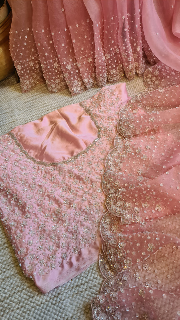 Zynah Baby Pink colored Pure Organza Silk Saree with Sequin, Pearl beads and Cut-dana Handwork; Custom Stitched/Ready-made Blouse, Fall, Petticoat; Shipping available USA, Worldwide