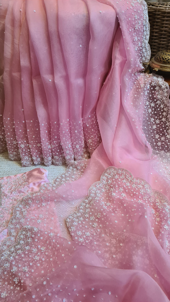 Zynah Baby Pink colored Pure Organza Silk Saree with Sequin, Pearl beads and Cut-dana Handwork; Custom Stitched/Ready-made Blouse, Fall, Petticoat; Shipping available USA, Worldwide