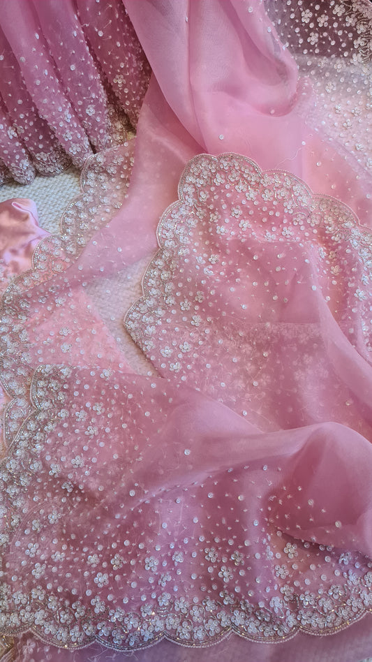 Zynah Baby Pink colored Pure Organza Silk Saree with Sequin, Pearl beads and Cut-dana Handwork; Custom Stitched/Ready-made Blouse, Fall, Petticoat; Shipping available USA, Worldwide