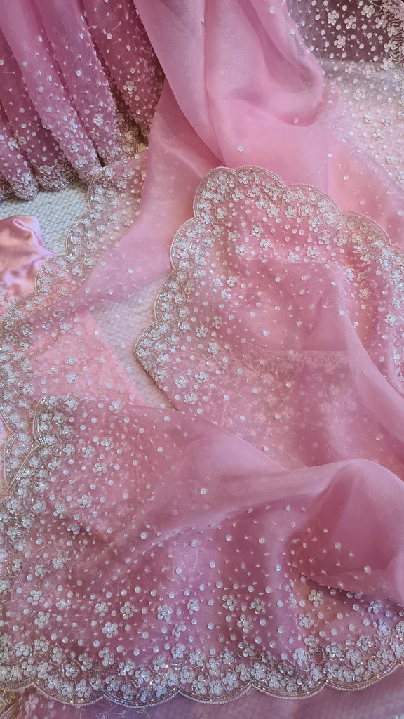 Zynah Baby Pink colored Pure Organza Silk Saree with Sequin, Pearl beads and Cut-dana Handwork; Custom Stitched/Ready-made Blouse, Fall, Petticoat; Shipping available USA, Worldwide