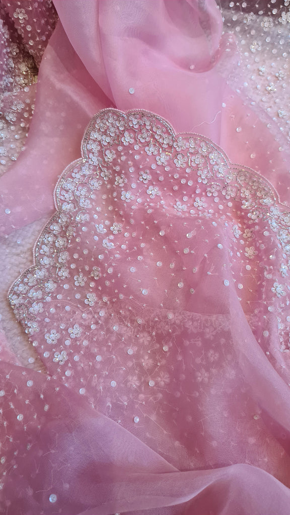Zynah Baby Pink colored Pure Organza Silk Saree with Sequin, Pearl beads and Cut-dana Handwork; Custom Stitched/Ready-made Blouse, Fall, Petticoat; Shipping available USA, Worldwide