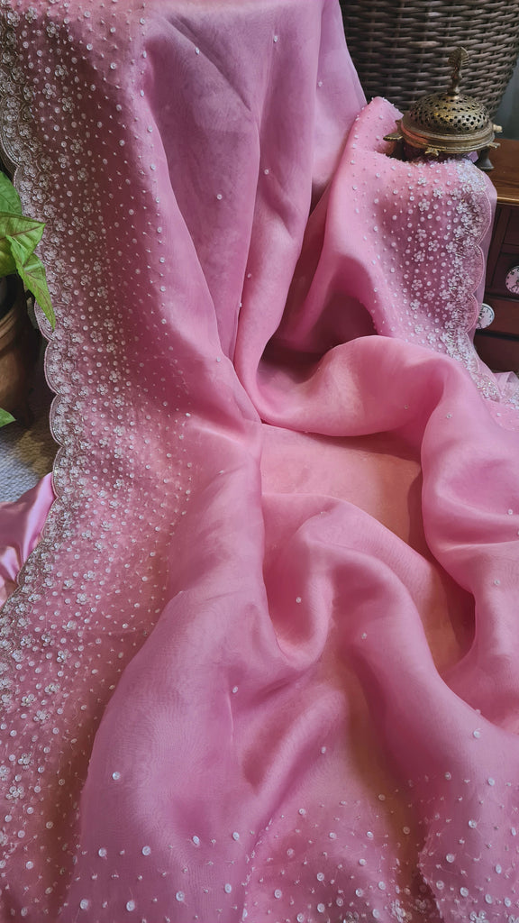 Zynah Baby Pink colored Pure Organza Silk Saree with Sequin, Pearl beads and Cut-dana Handwork; Custom Stitched/Ready-made Blouse, Fall, Petticoat; Shipping available USA, Worldwide