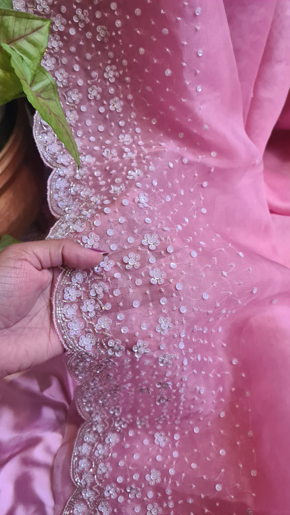 Zynah Baby Pink colored Pure Organza Silk Saree with Sequin, Pearl beads and Cut-dana Handwork; Custom Stitched/Ready-made Blouse, Fall, Petticoat; Shipping available USA, Worldwide