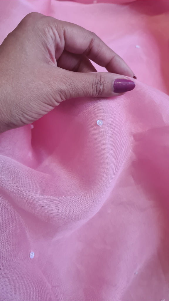 Zynah Baby Pink colored Pure Organza Silk Saree with Sequin, Pearl beads and Cut-dana Handwork; Custom Stitched/Ready-made Blouse, Fall, Petticoat; Shipping available USA, Worldwide