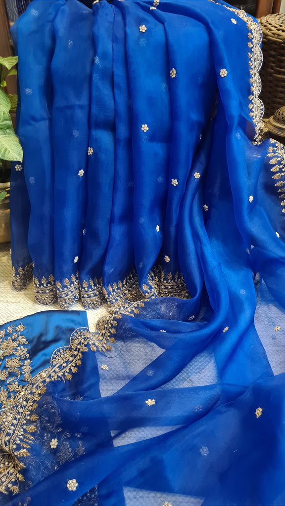 Zynah Blue colored Pure Organza Silk Saree with Zardosi, Pearl beads and Sequin Handwork; Custom Stitched/Ready-made Blouse, Fall, Petticoat; Shipping available USA, Worldwide