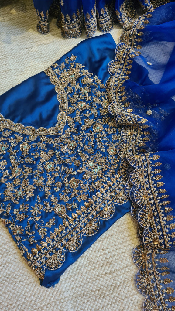 Zynah Blue colored Pure Organza Silk Saree with Zardosi, Pearl beads and Sequin Handwork; Custom Stitched/Ready-made Blouse, Fall, Petticoat; Shipping available USA, Worldwide