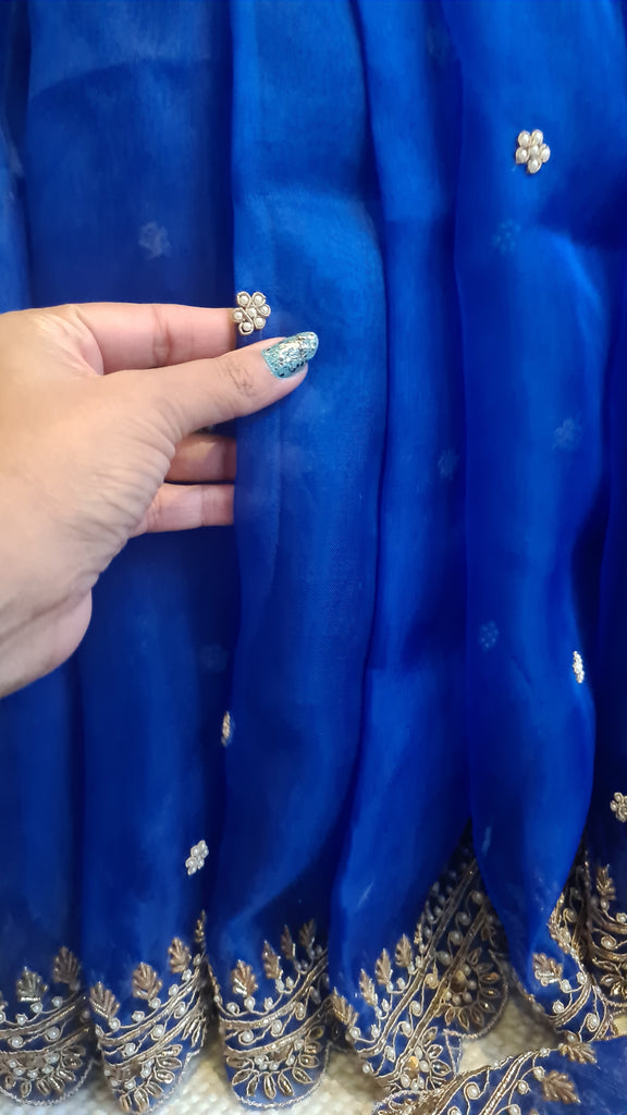 Zynah Blue colored Pure Organza Silk Saree with Zardosi, Pearl beads and Sequin Handwork; Custom Stitched/Ready-made Blouse, Fall, Petticoat; Shipping available USA, Worldwide