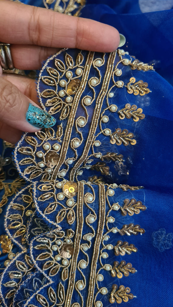 Zynah Blue colored Pure Organza Silk Saree with Zardosi, Pearl beads and Sequin Handwork; Custom Stitched/Ready-made Blouse, Fall, Petticoat; Shipping available USA, Worldwide