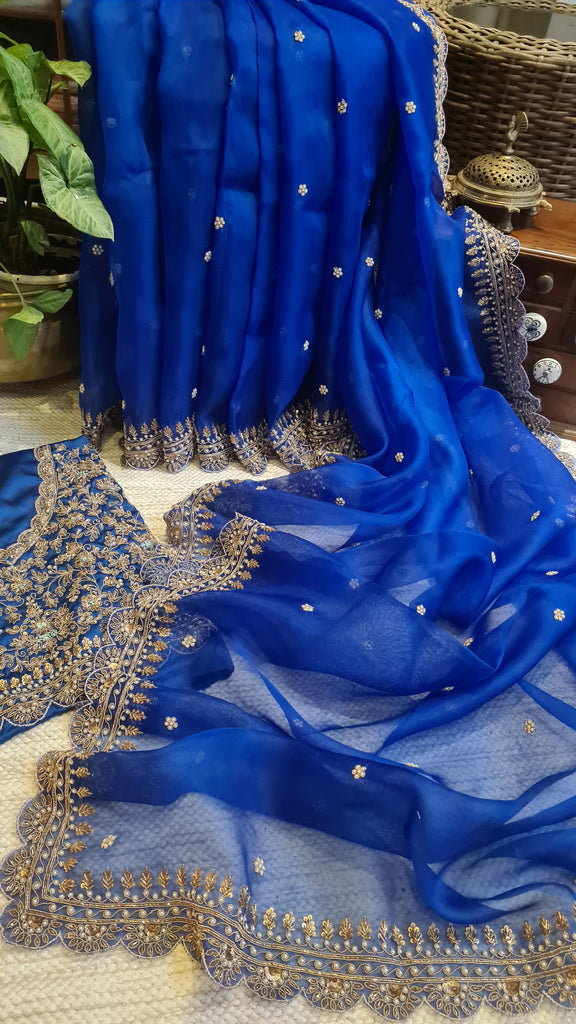 Zynah Blue colored Pure Organza Silk Saree with Zardosi, Pearl beads and Sequin Handwork; Custom Stitched/Ready-made Blouse, Fall, Petticoat; Shipping available USA, Worldwide