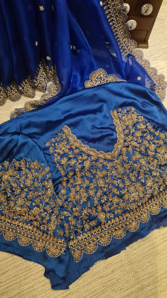 Zynah Blue colored Pure Organza Silk Saree with Zardosi, Pearl beads and Sequin Handwork; Custom Stitched/Ready-made Blouse, Fall, Petticoat; Shipping available USA, Worldwide