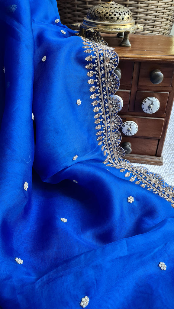 Zynah Blue colored Pure Organza Silk Saree with Zardosi, Pearl beads and Sequin Handwork; Custom Stitched/Ready-made Blouse, Fall, Petticoat; Shipping available USA, Worldwide