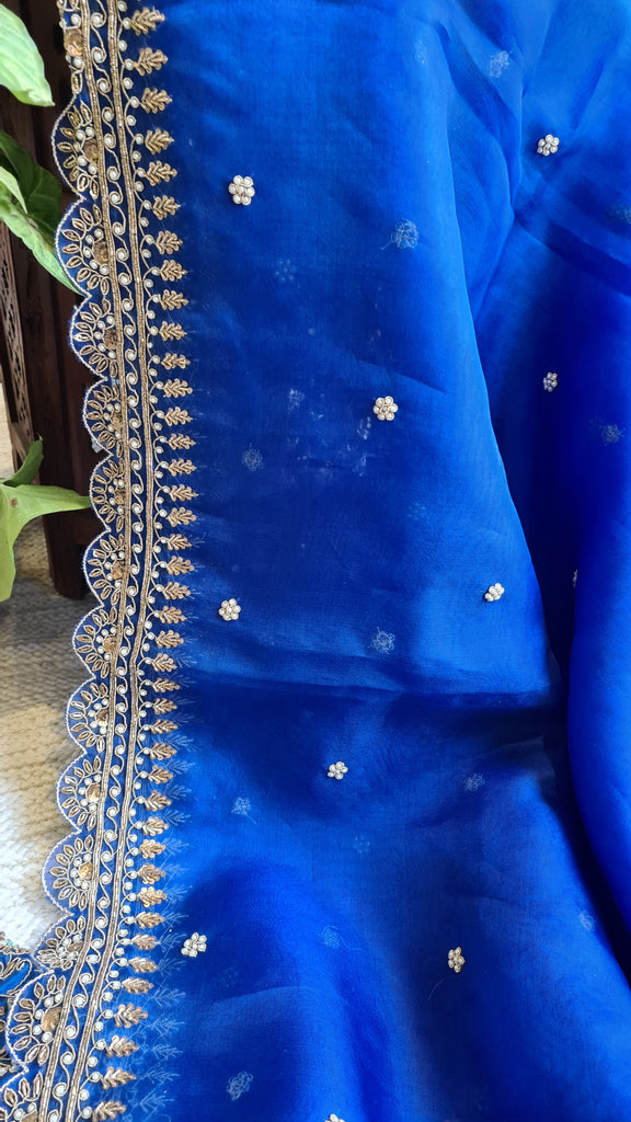 Zynah Blue colored Pure Organza Silk Saree with Zardosi, Pearl beads and Sequin Handwork; Custom Stitched/Ready-made Blouse, Fall, Petticoat; Shipping available USA, Worldwide